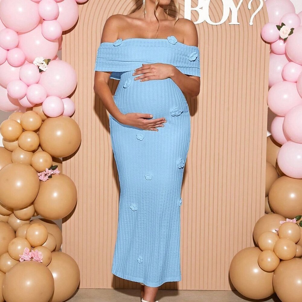 Blue Elegant Maternity Party Dress with 3D Floral Decor